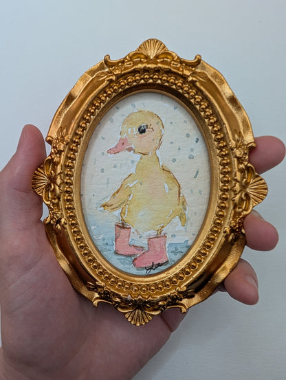 Mini Baby Duck with Boots Painting - Original Watercolor Art by Lora Cavallin