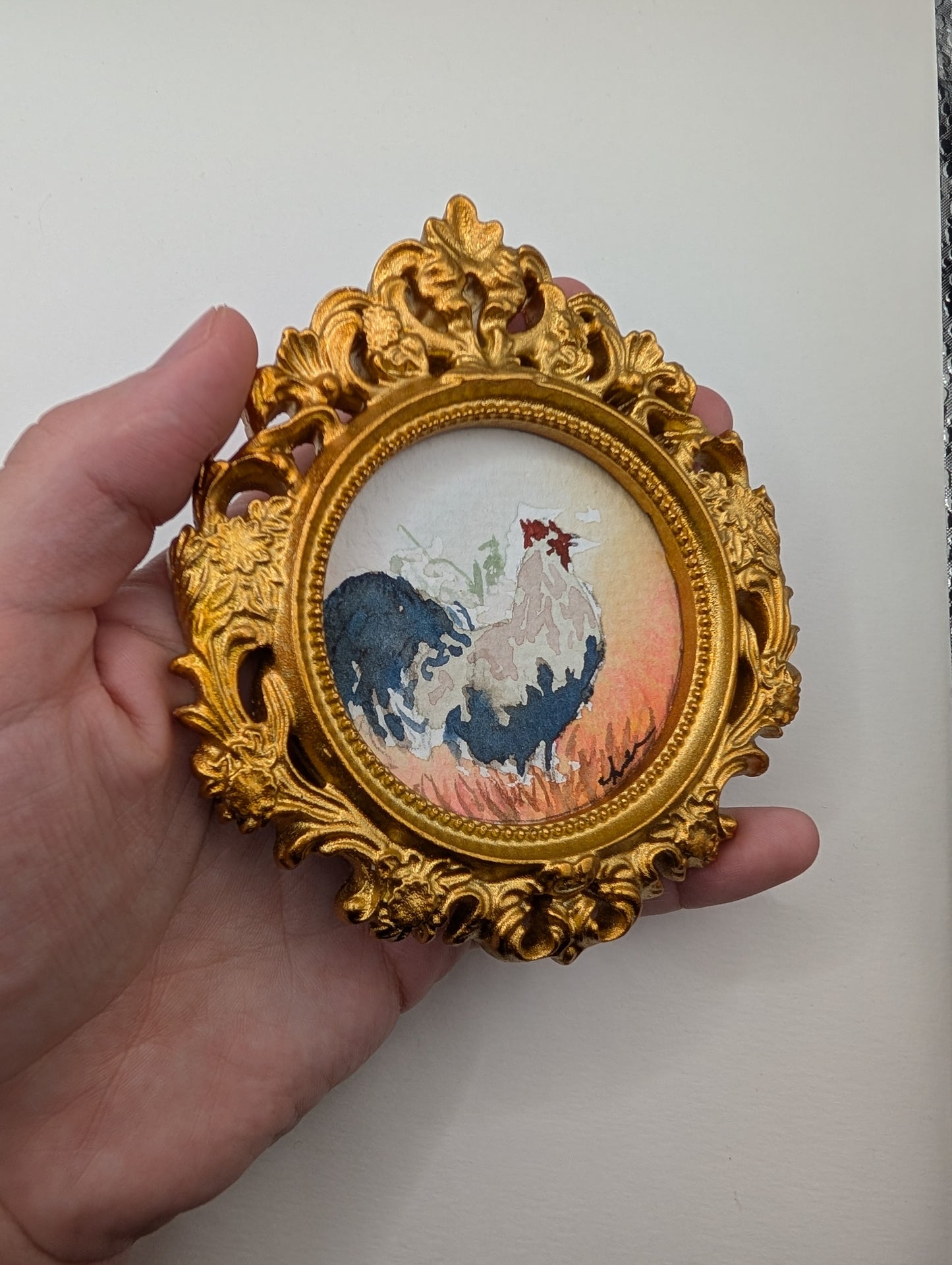 Mini Rooster Painting - Original Watercolor Art by Lora Cavallin