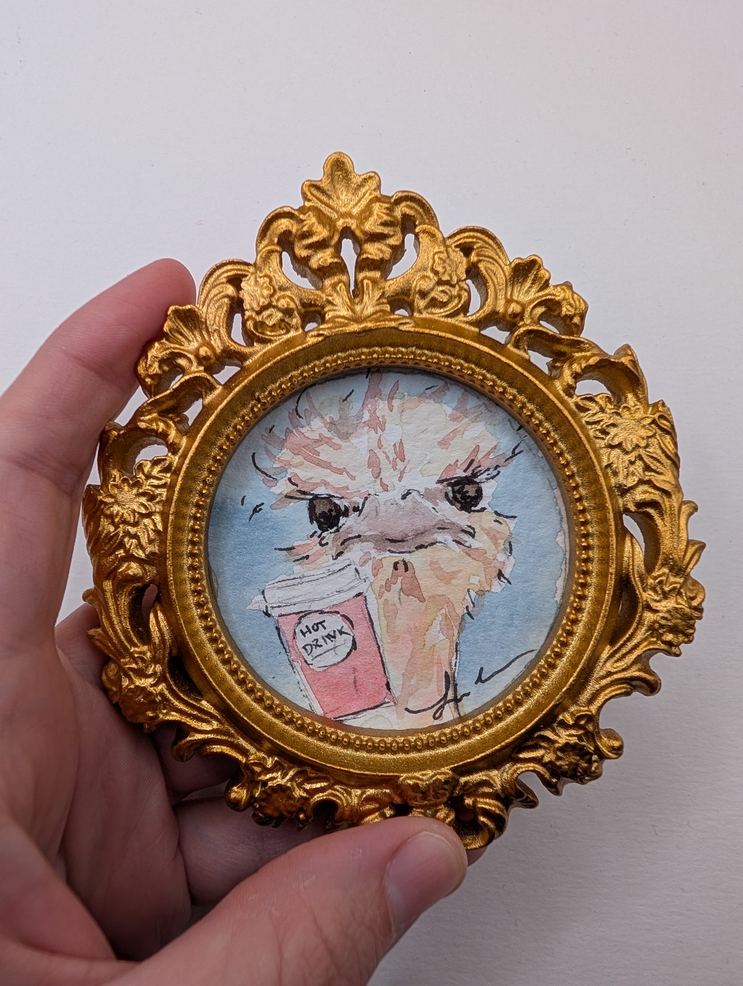 Mini Ostrich with Coffee Painting - Original Watercolor Art by Lora Cavallin