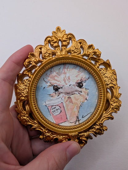 Mini Ostrich with Coffee Painting - Original Watercolor Art by Lora Cavallin