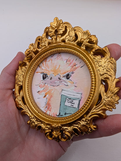 Mini Ostrich with Coffee Painting - Original Watercolor Art by Lora Cavallin