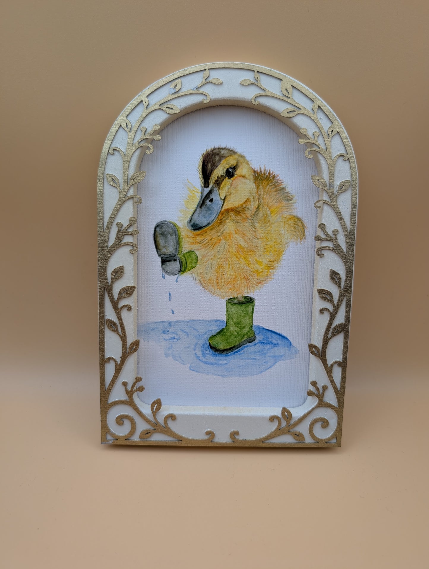 Duck Playing in Puddle Print - Arched Framed Print