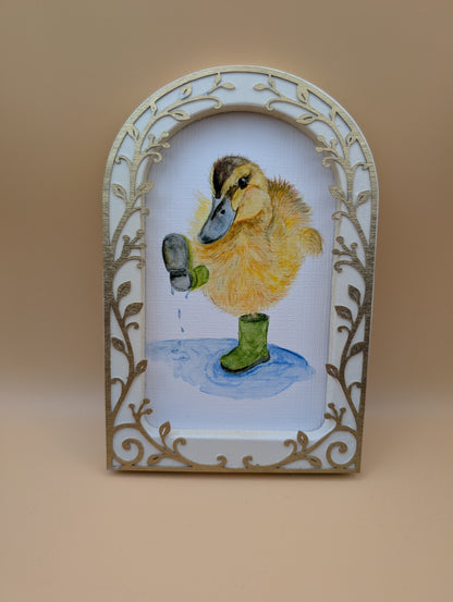 Duck Playing in Puddle Print - Arched Framed Print
