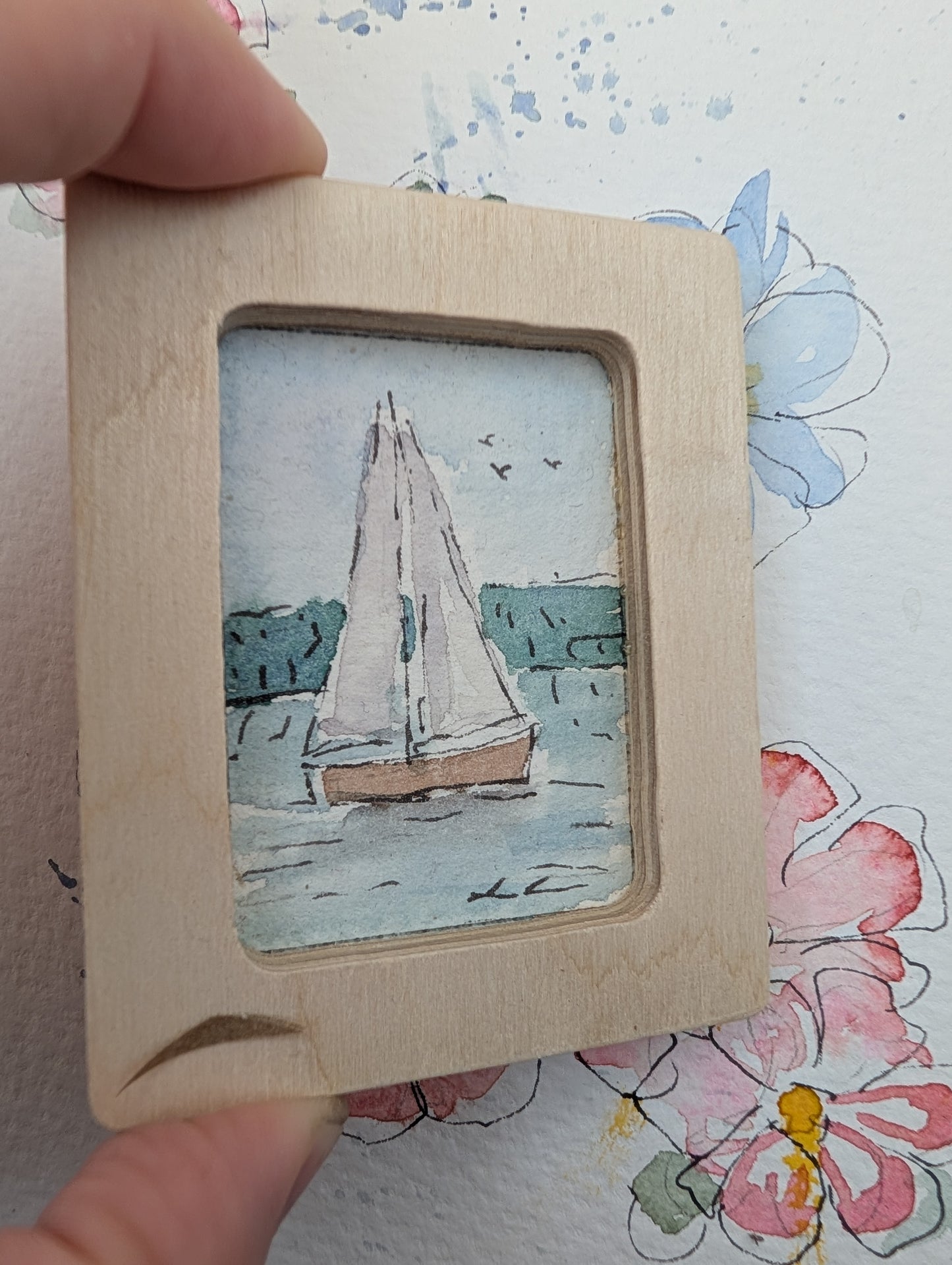 Mini Sailboat Painting - Original Watercolor Art by Lora Cavallin