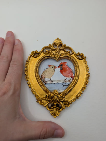 Mini Male and Female Cardinal Birds Painting - Original Watercolor Art by Lora Cavallin