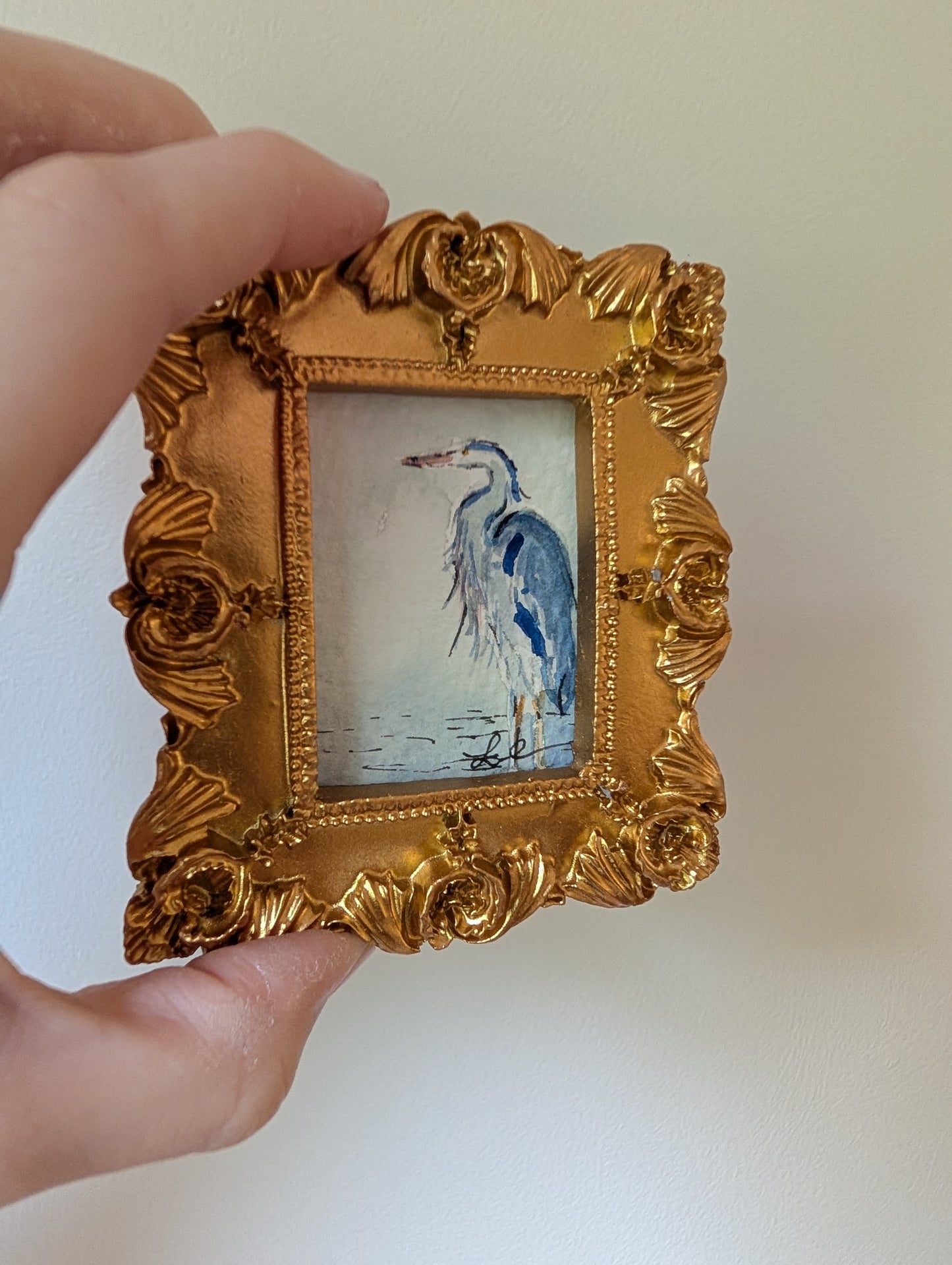 Mini Blue Heron Painting - Original Watercolor Art by Lora Cavallin