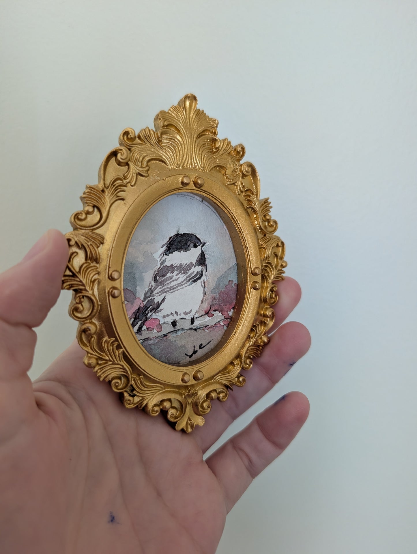 Mini Chickadee Bird Painting - Original Watercolor Art by Lora Cavallin