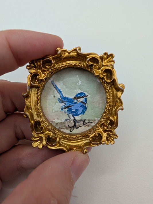 Mini Blue Fairy Wren Painting - Original Watercolor Art by Lora Cavallin