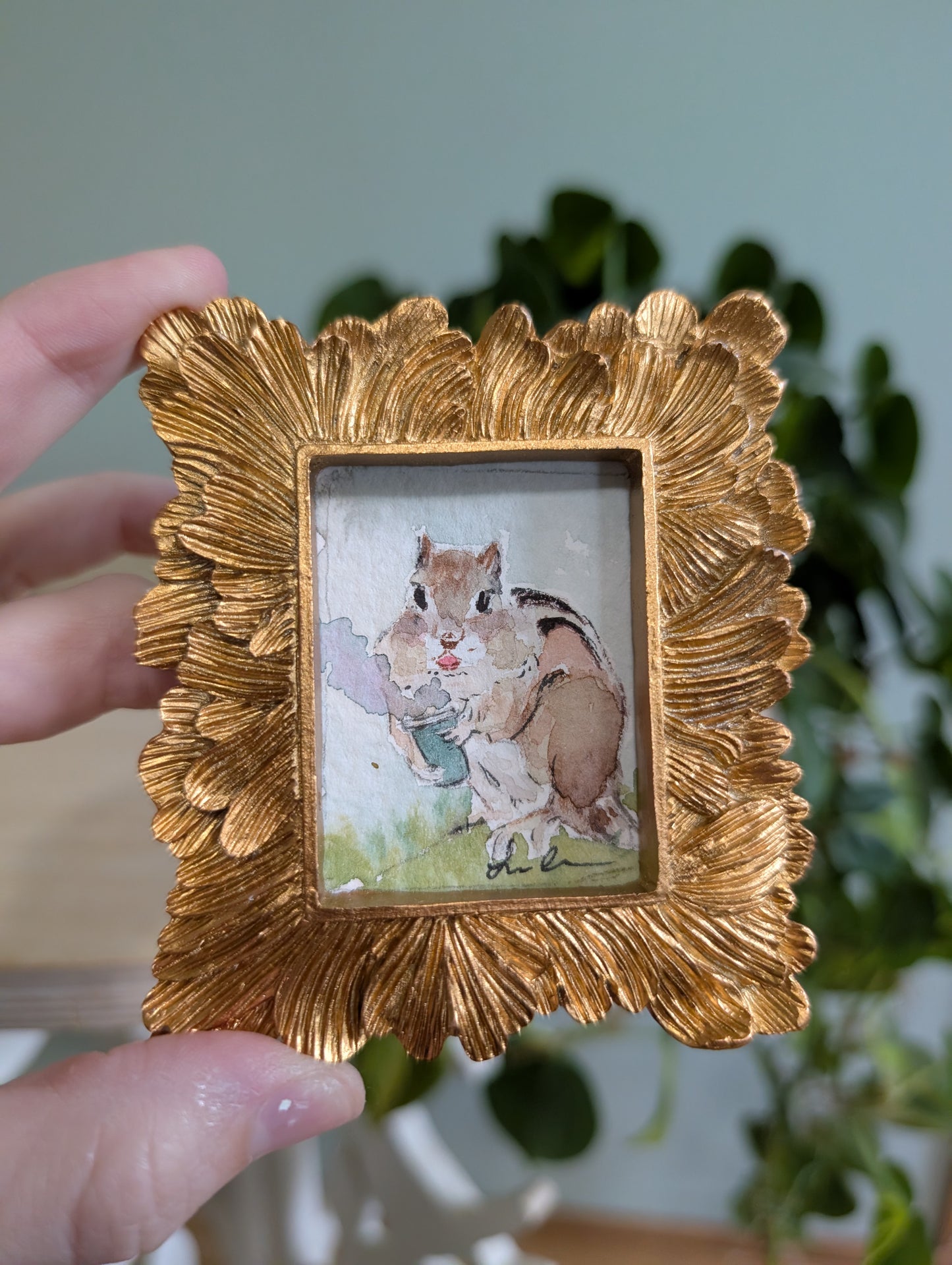 Mini Chipmunk with Coffee Painting - Original Watercolor Art by Lora Cavallin