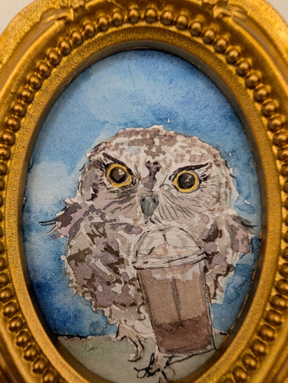 Mini Owl with Frozen Coffee Painting - Original Watercolor Art by Lora Cavallin