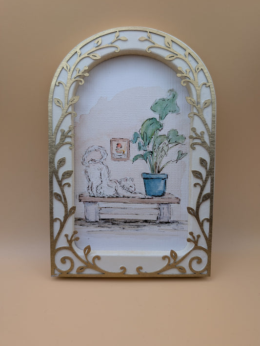 Comfy Cat Stretching - Arched Framed Print
