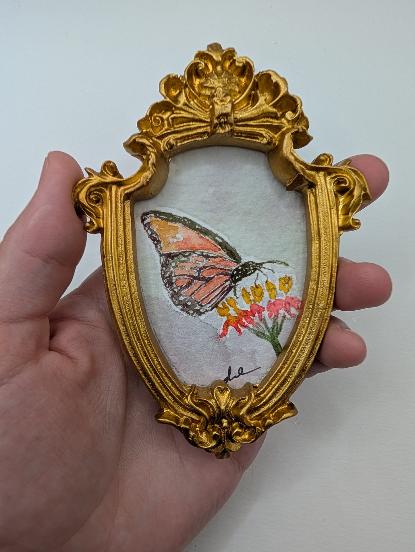 Mini Butterfly on Flower Painting - Original Watercolor Art by Lora Cavallin