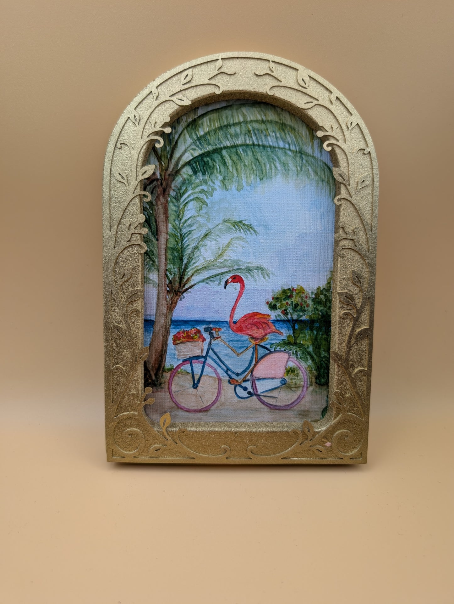 Flamingo Beach Day Print - Arched Framed Print