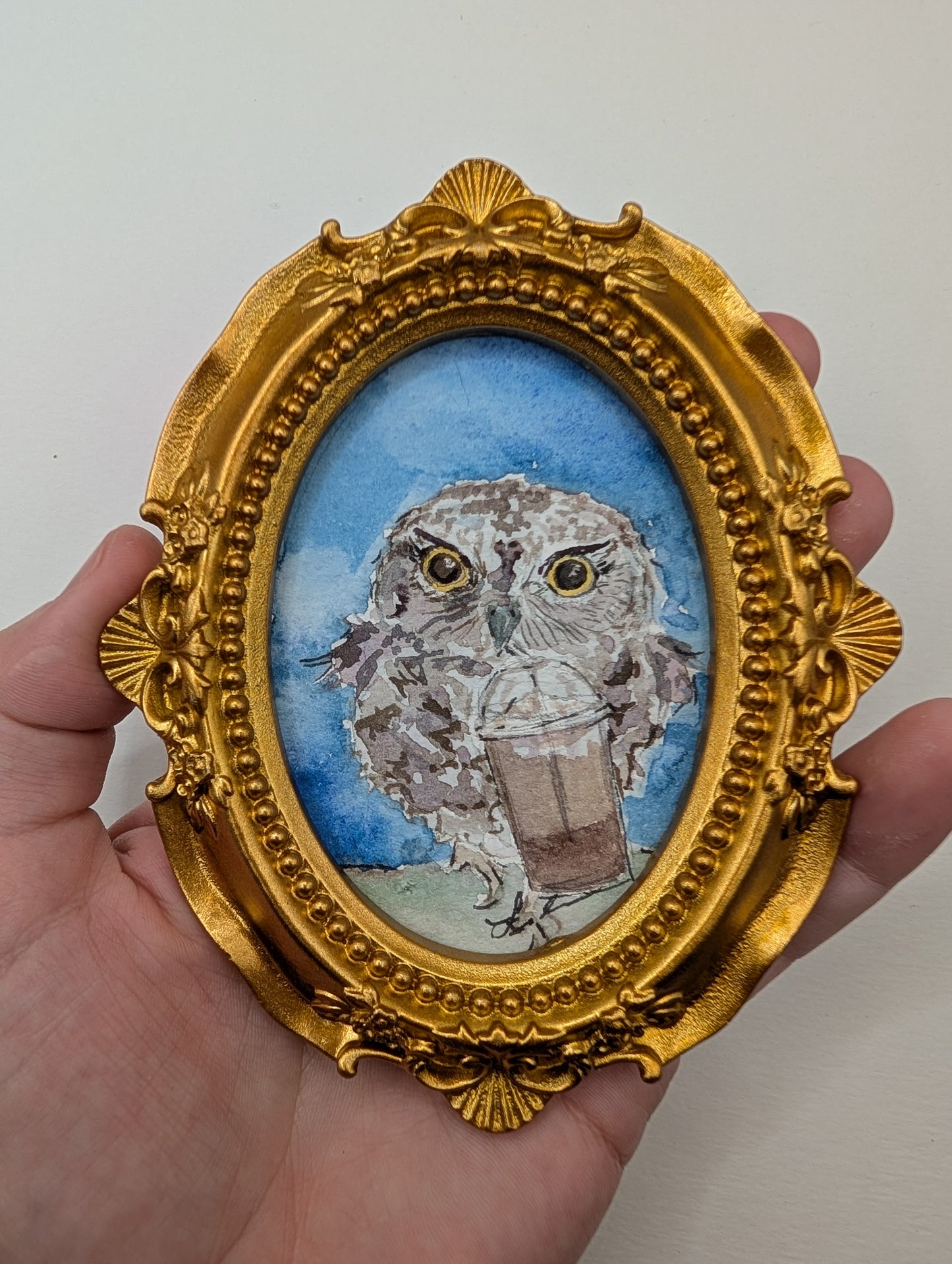Mini Owl with Frozen Coffee Painting - Original Watercolor Art by Lora Cavallin