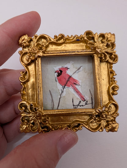 Mini Cardinal Bird Painting - Original Watercolor Art by Lora Cavallin