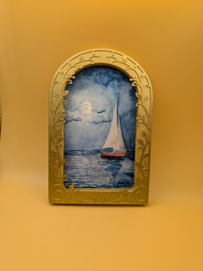 Sailboat and Full Moon Print - Arched Framed Print