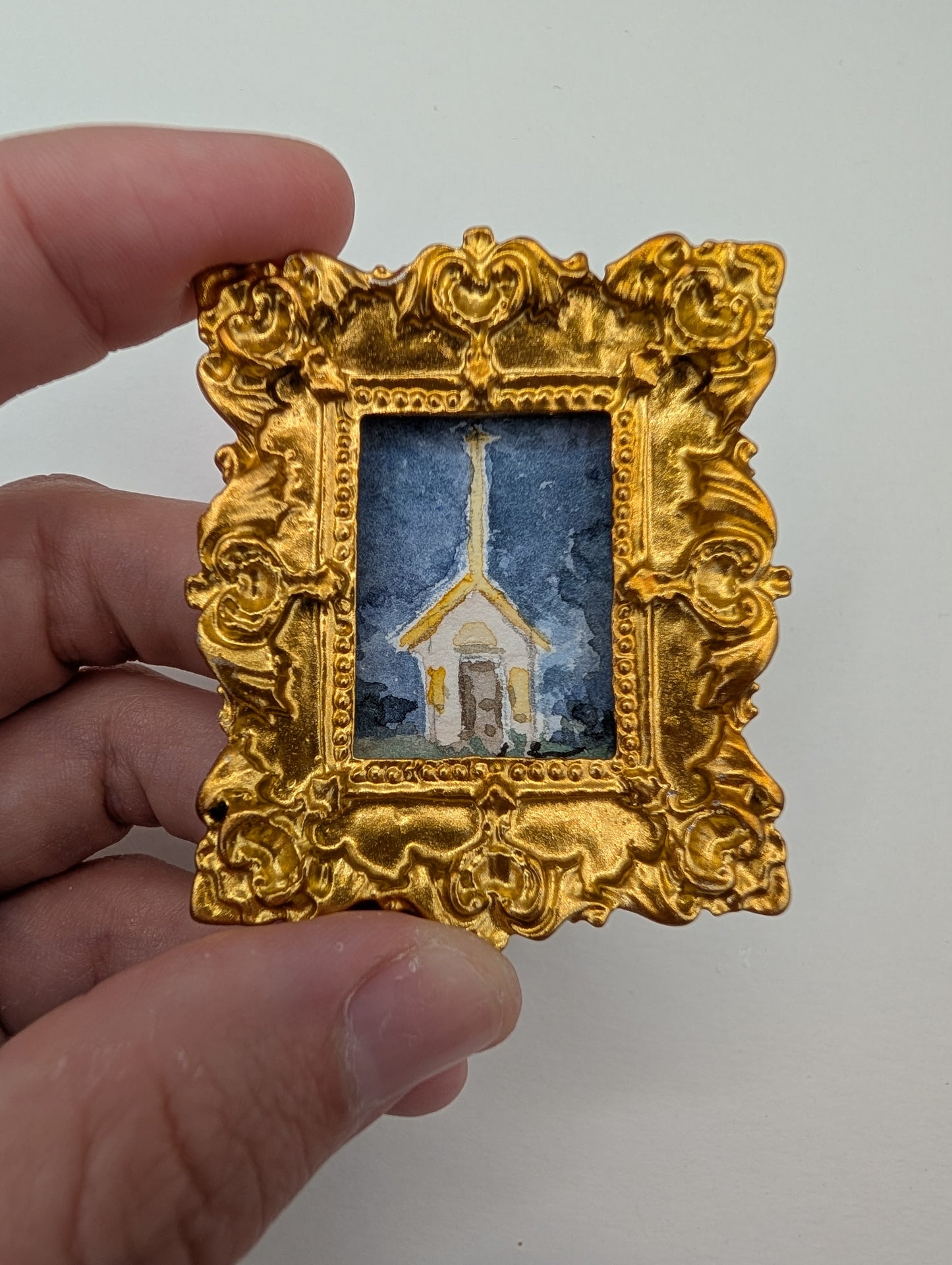 Mini Church at Night Painting - Original Watercolor Art by Lora Cavallin