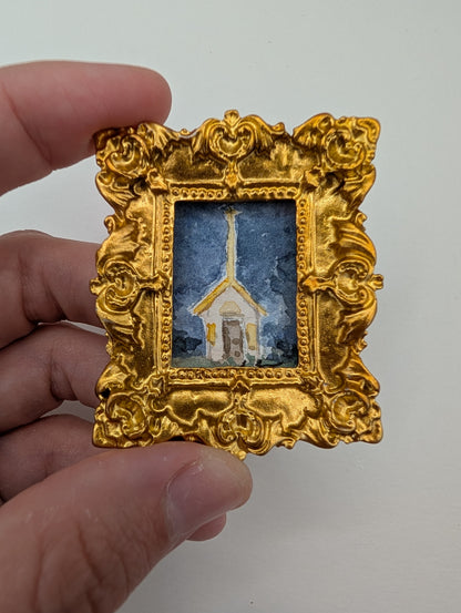Mini Church at Night Painting - Original Watercolor Art by Lora Cavallin