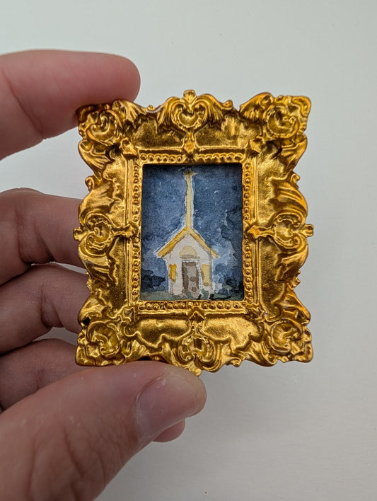 Mini Church at Night Painting - Original Watercolor Art by Lora Cavallin