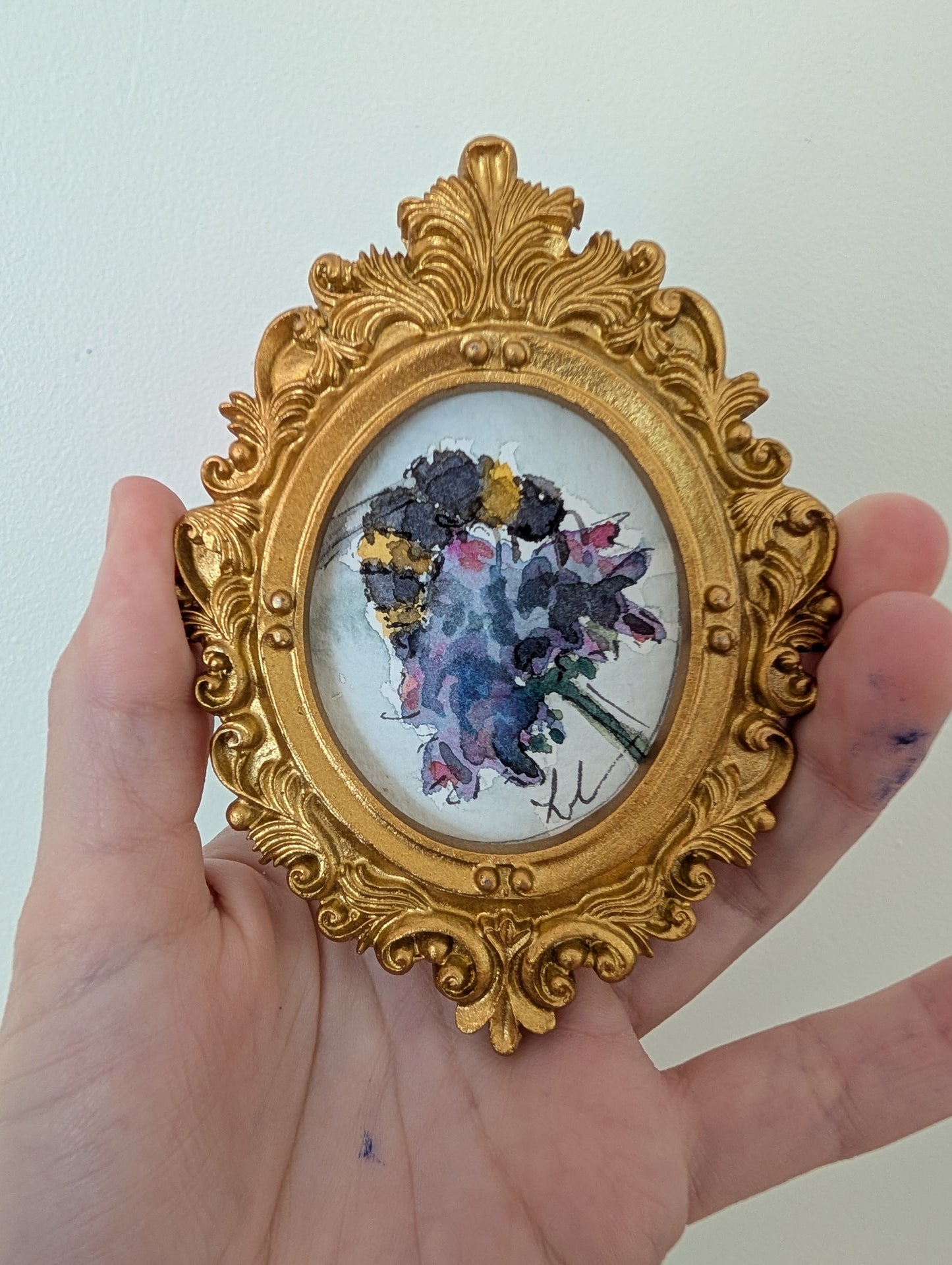Mini Bee on Flower Painting - Original Watercolor Art by Lora Cavallin