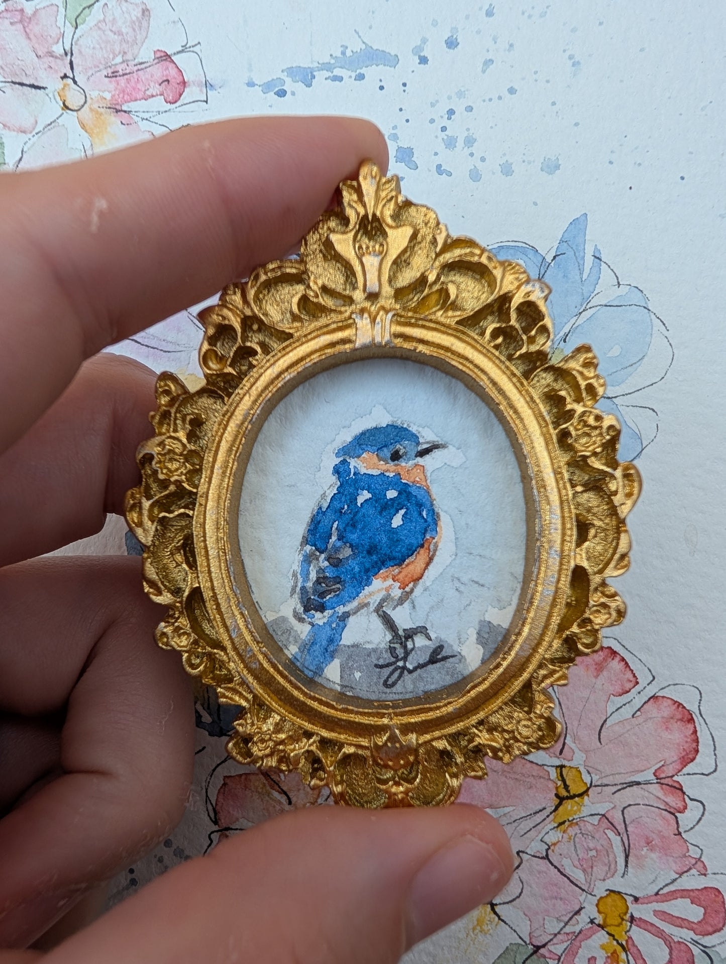Mini Bluebird Painting - Original Watercolor Art by Lora Cavallin