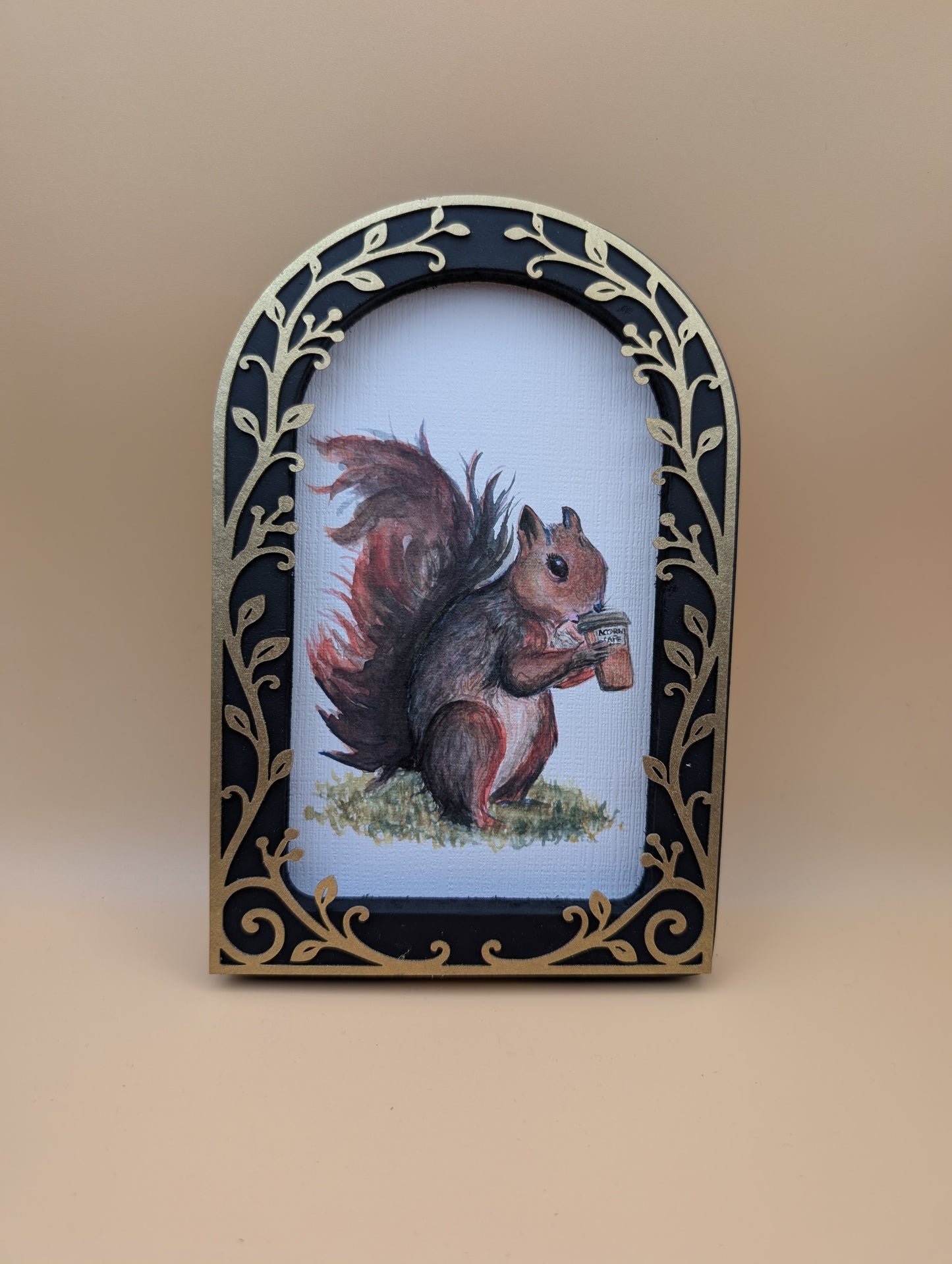 Squirrel Drinking Coffee Print - Arched Framed Print