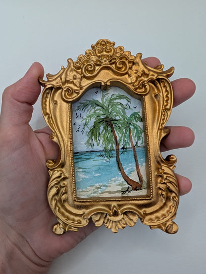 Mini Palm Tree Beach Painting - Original Watercolor Art by Lora Cavallin