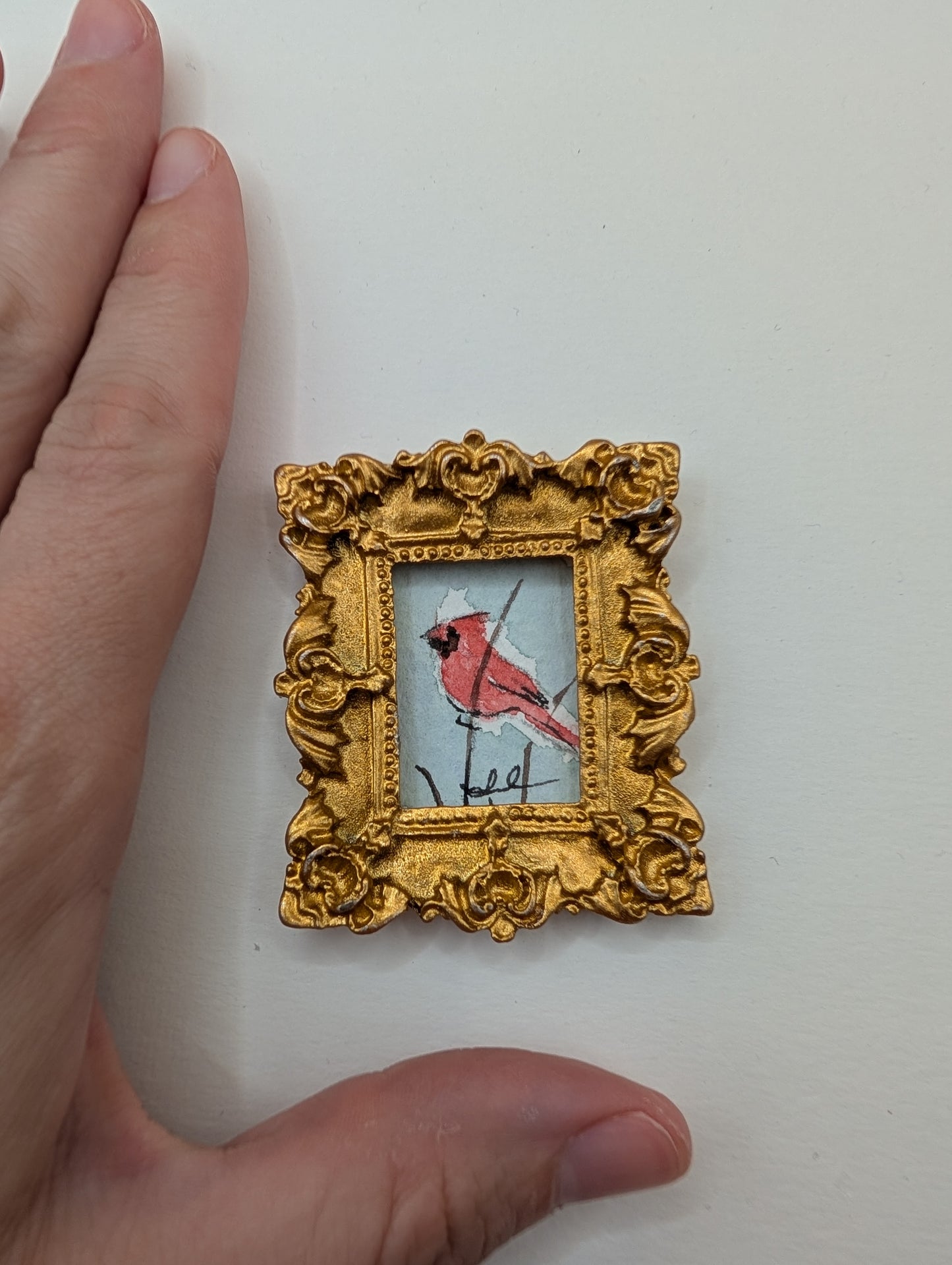 Mini Cardinal Bird Painting - Original Watercolor Art by Lora Cavallin