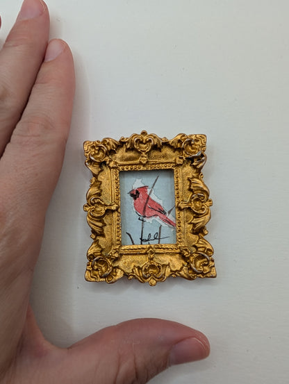 Mini Cardinal Bird Painting - Original Watercolor Art by Lora Cavallin
