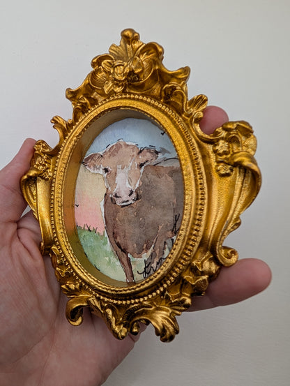 Mini Cow Painting - Original Watercolor Art by Lora Cavallin