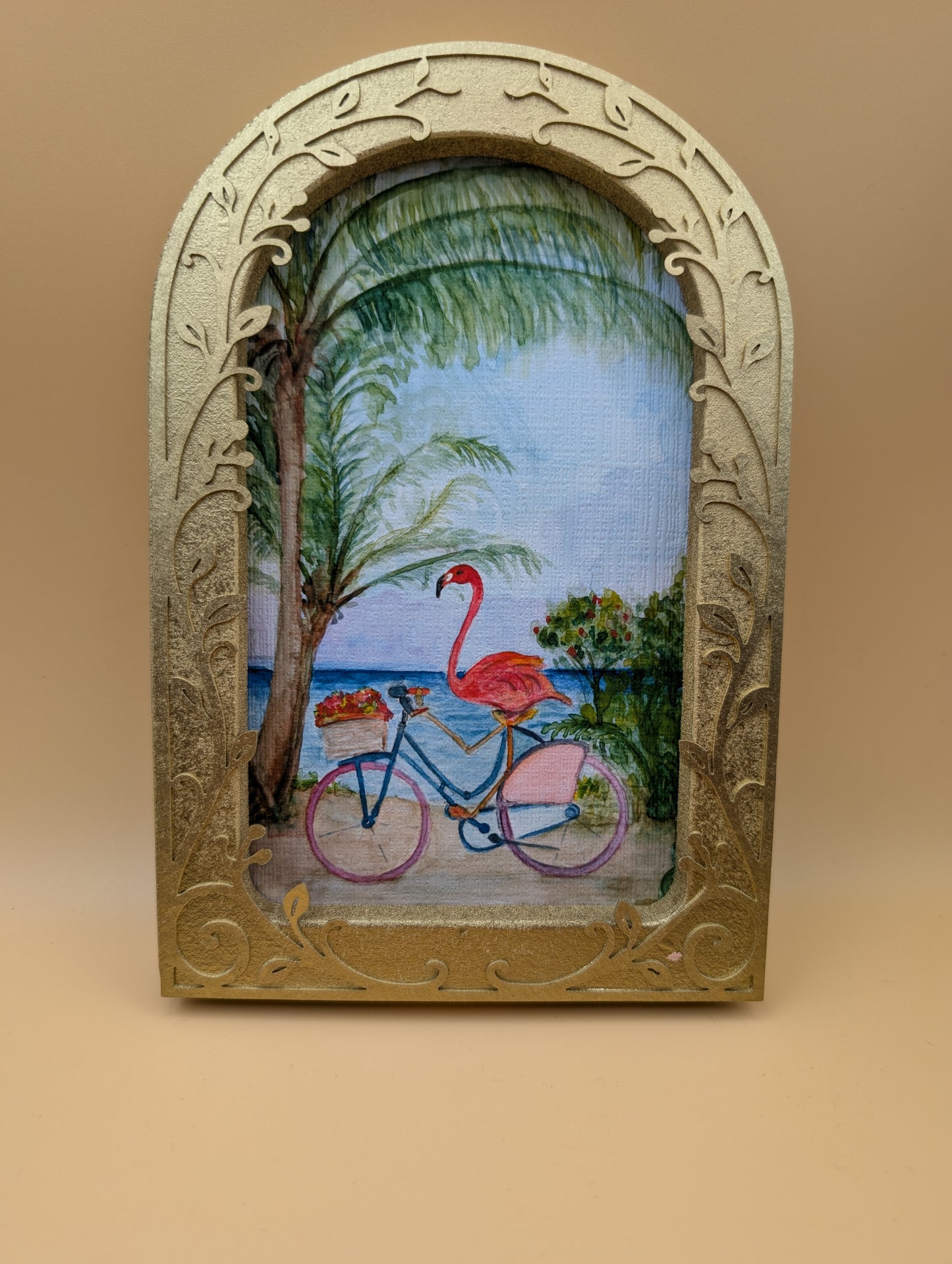 Flamingo Beach Day Print - Arched Framed Print