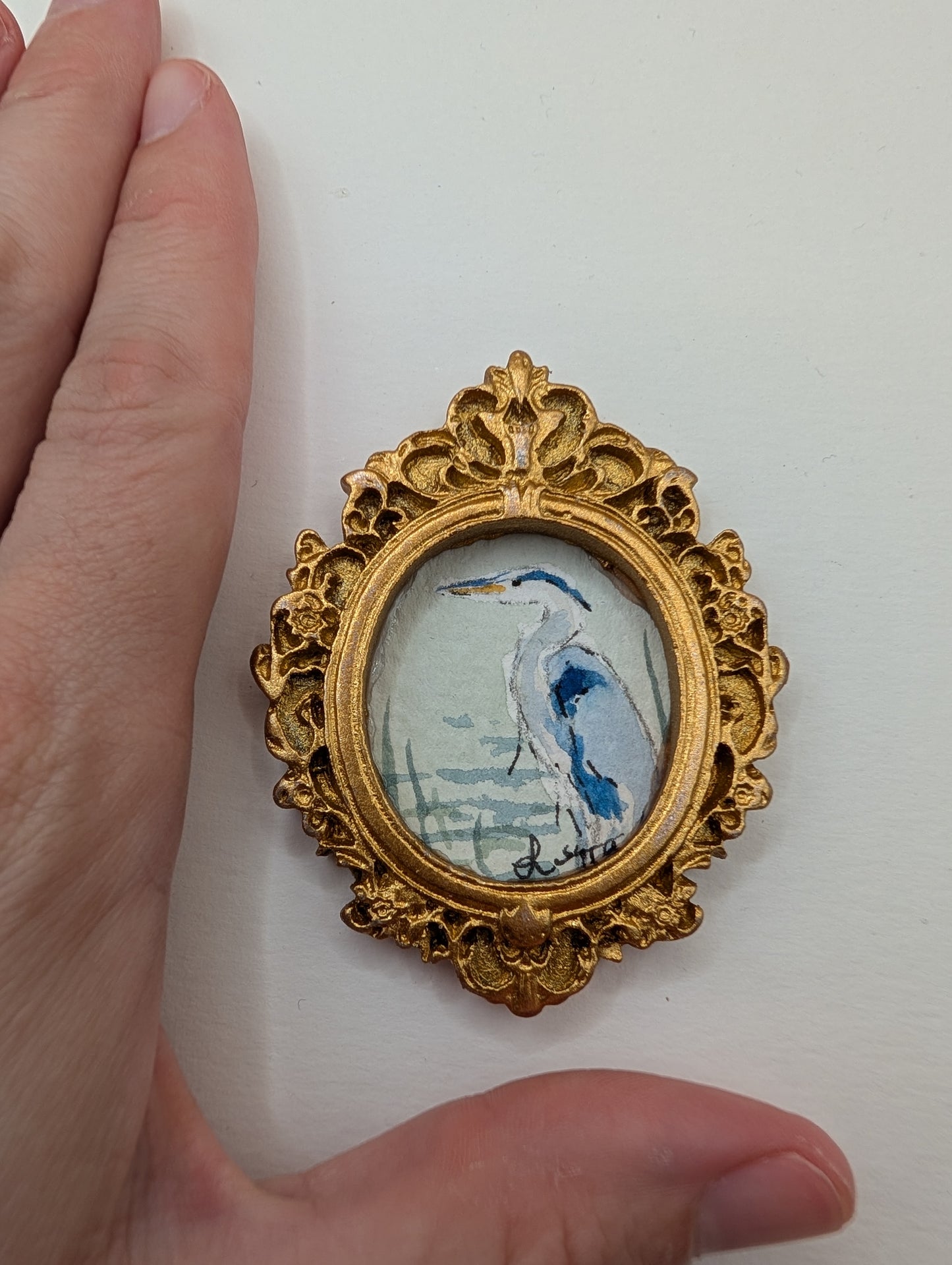 Mini Blue Heron Painting - Original Watercolor Art by Lora Cavallin