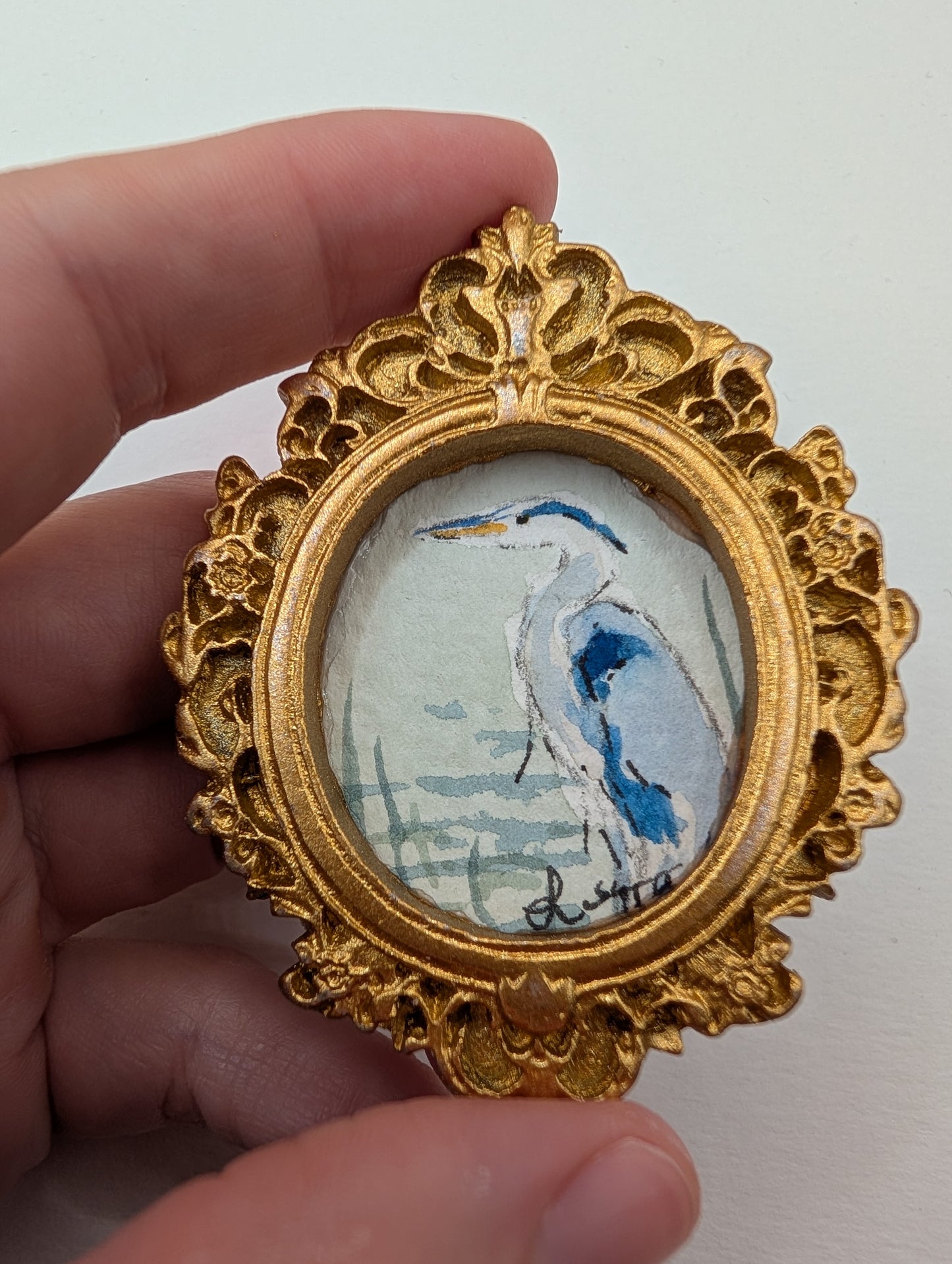 Mini Blue Heron Painting - Original Watercolor Art by Lora Cavallin