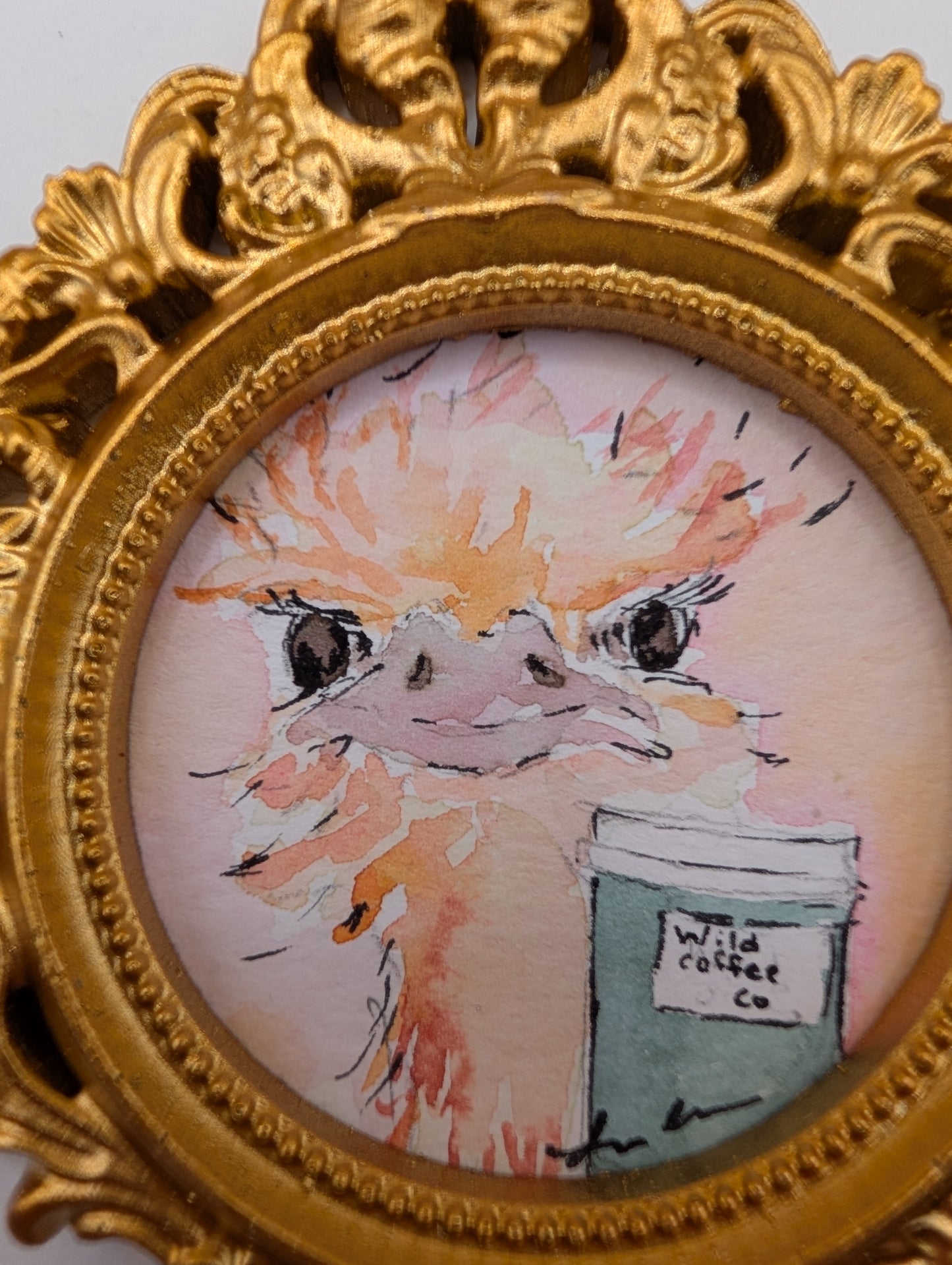 Mini Ostrich with Coffee Painting - Original Watercolor Art by Lora Cavallin