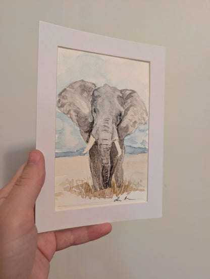 Elephant Watercolor Painting - 4 x 6" - No Frame, Comes with Mat - Original Art by Lora Cavallin