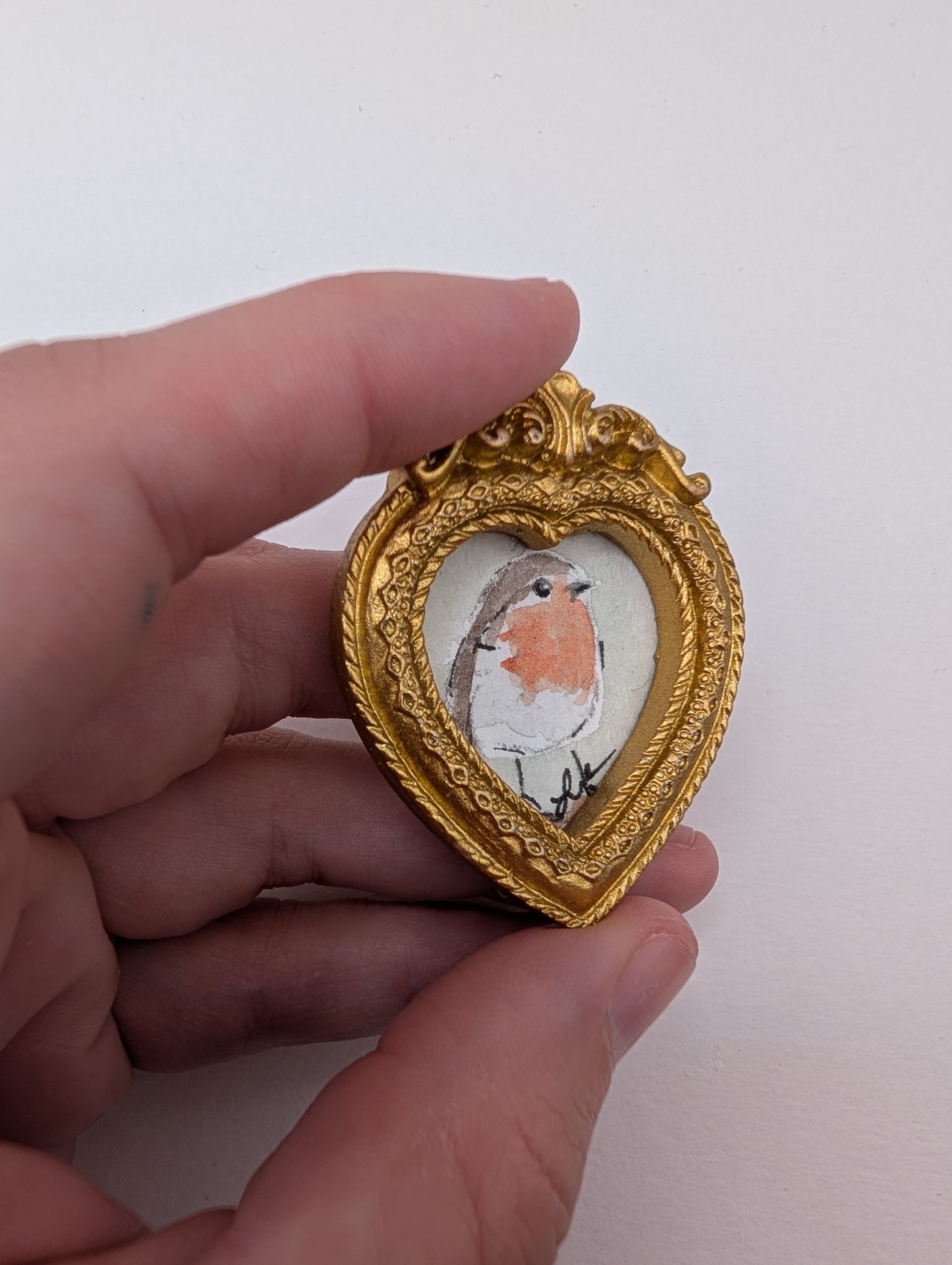 Mini Robin Bird in Heart Frame Painting - Original Watercolor Art by Lora Cavallin