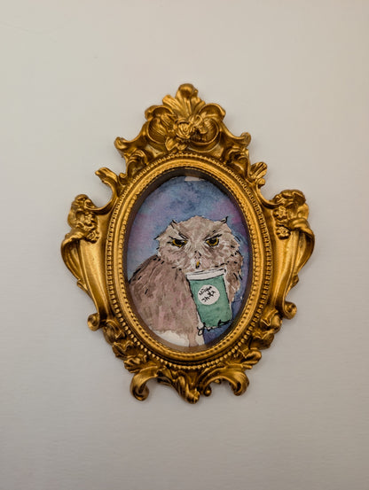 Mini Owl with "Night Shift" Coffee Painting - Original Watercolor Art by Lora Cavallin