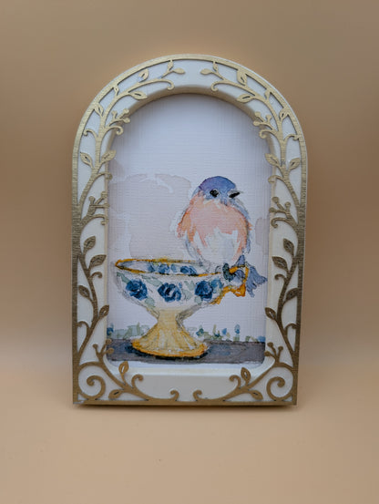 Loose Watercolor Bluebird on Teacup Print - Arched Framed Print