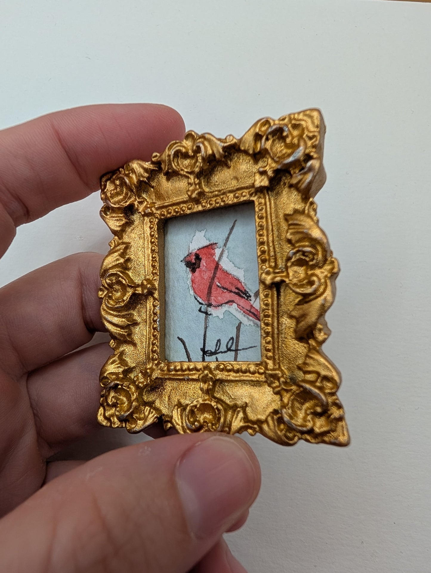Mini Cardinal Bird Painting - Original Watercolor Art by Lora Cavallin
