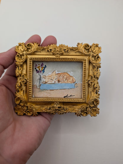 Mini Sleeping Cat Painting - Original Watercolor Art by Lora Cavallin