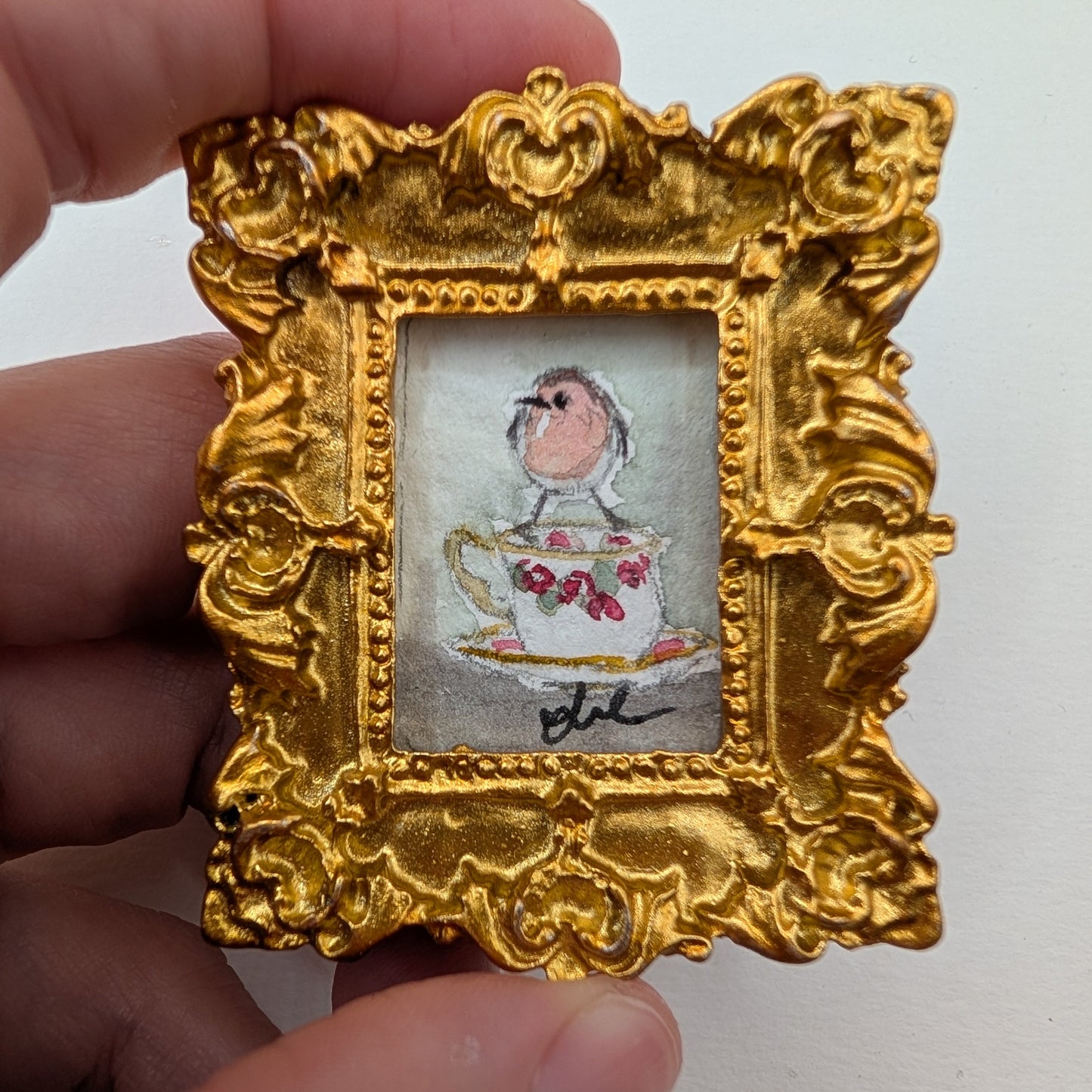 Mini Robin Bird on Teacup Painting - Original Watercolor Art by Lora Cavallin