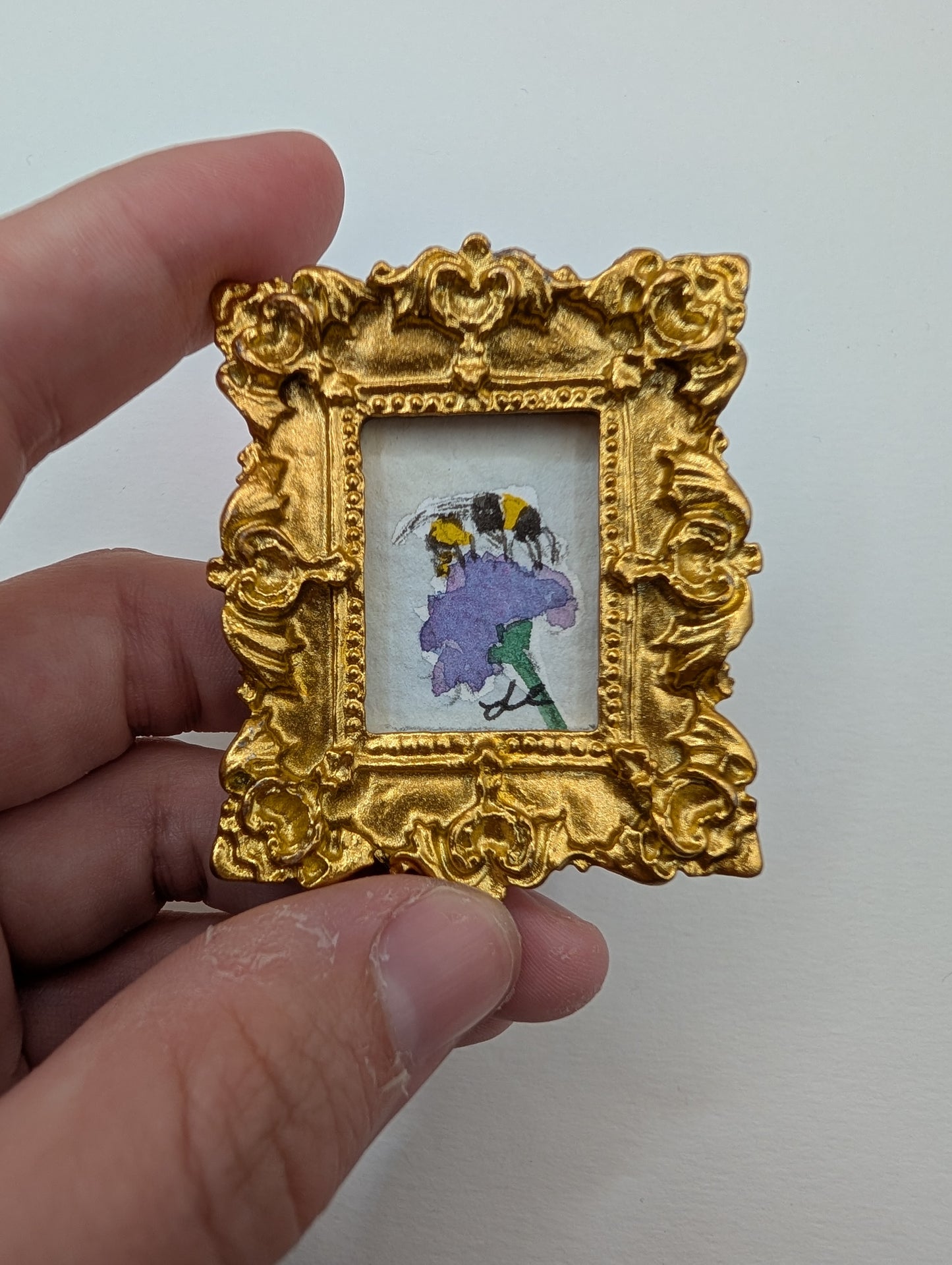 Mini Bee on Flower Painting - Original Watercolor Art by Lora Cavallin