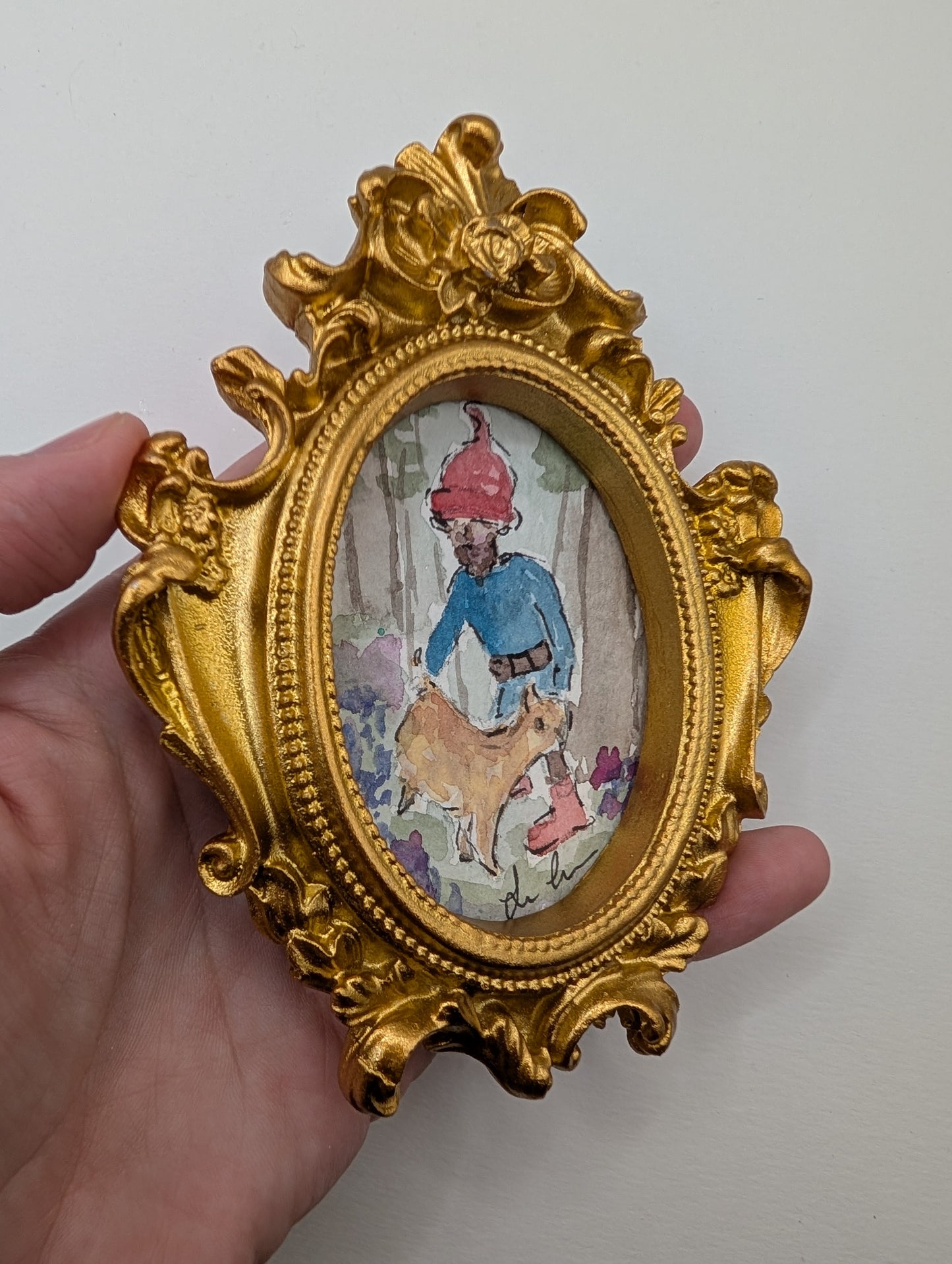 Mini Forrest Gnome with Cat Painting - Original Watercolor Art by Lora Cavallin