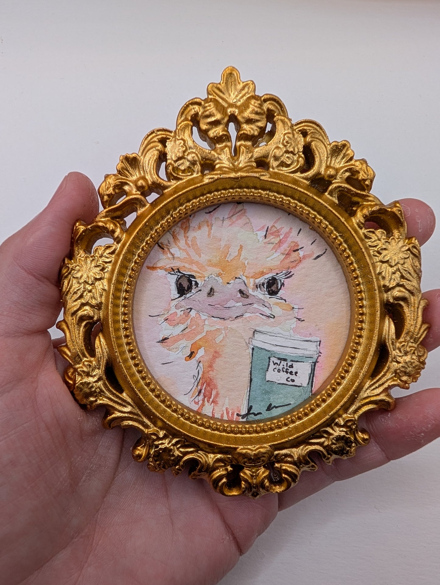 Mini Ostrich with Coffee Painting - Original Watercolor Art by Lora Cavallin