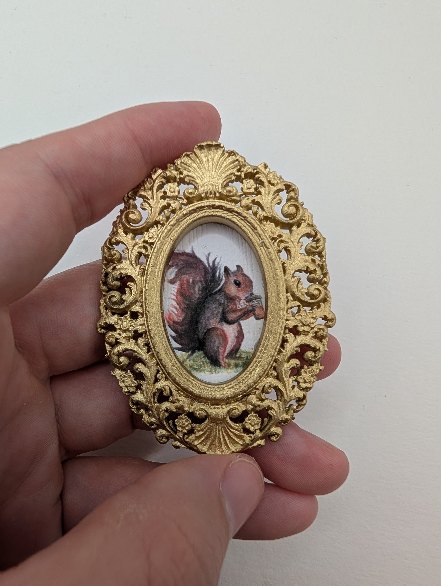 Tiny Squirrel Drinking Coffee Art Print - Dollhouse Size - With Gold Frame