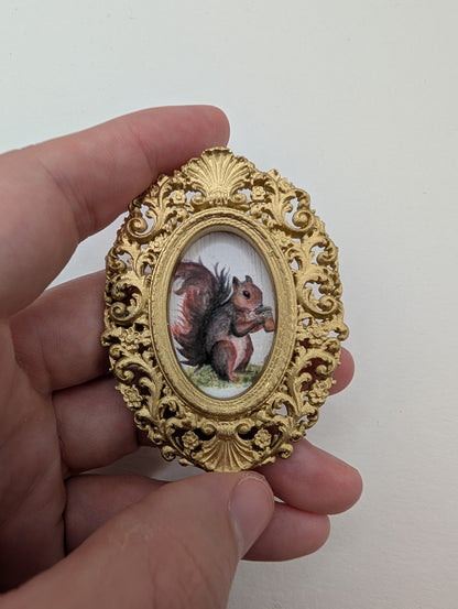 Tiny Squirrel Drinking Coffee Art Print - Dollhouse Size - With Gold Frame