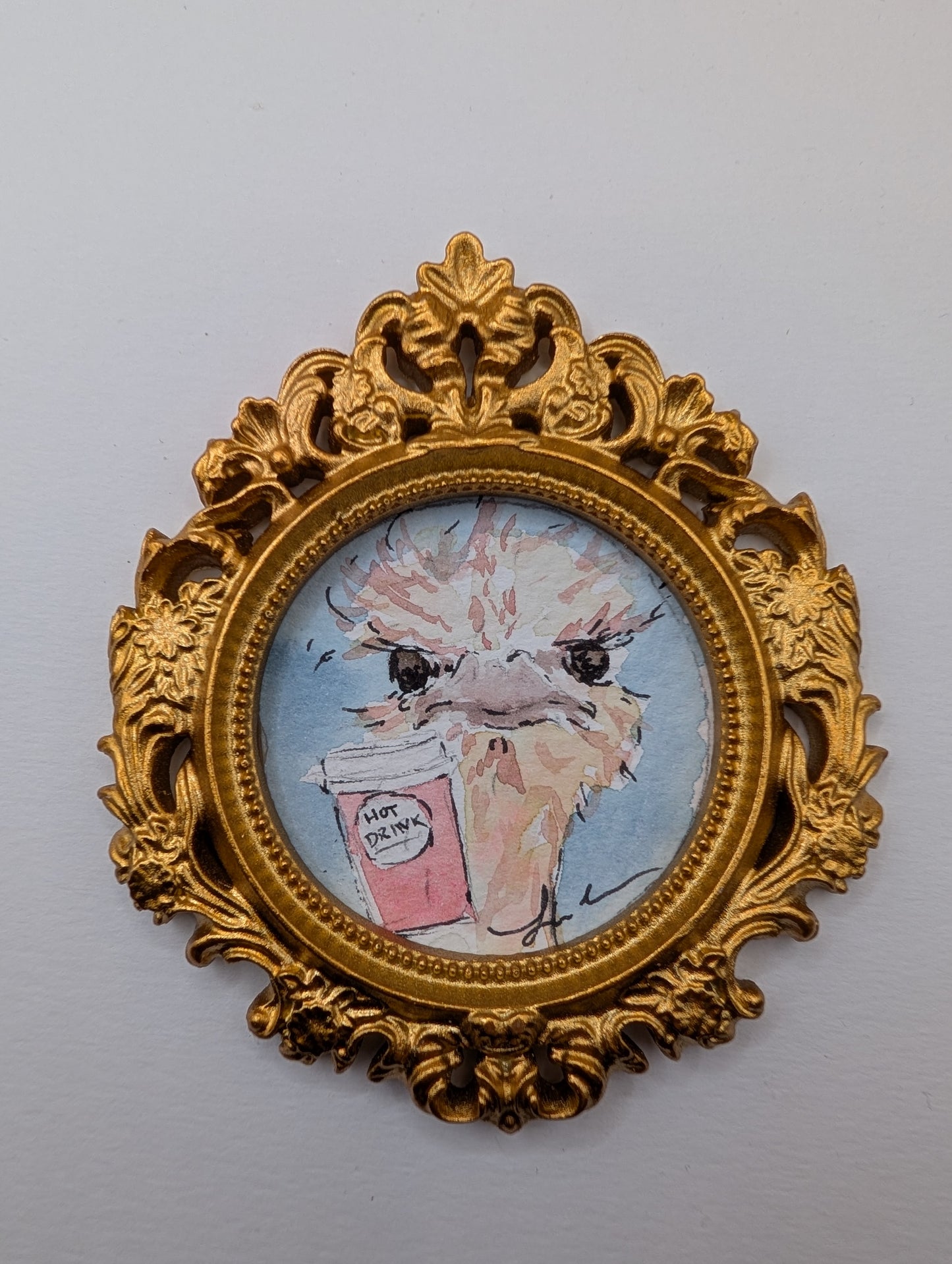 Mini Ostrich with Coffee Painting - Original Watercolor Art by Lora Cavallin