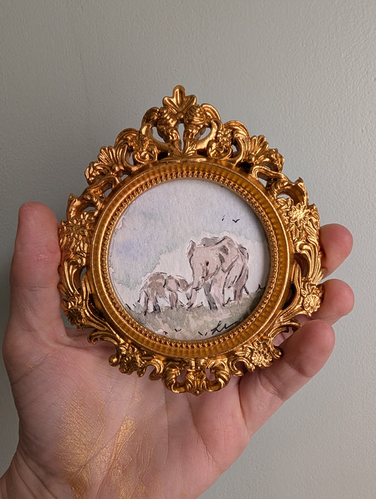 Mini Elephant with Baby Painting - Original Watercolor Art by Lora Cavallin