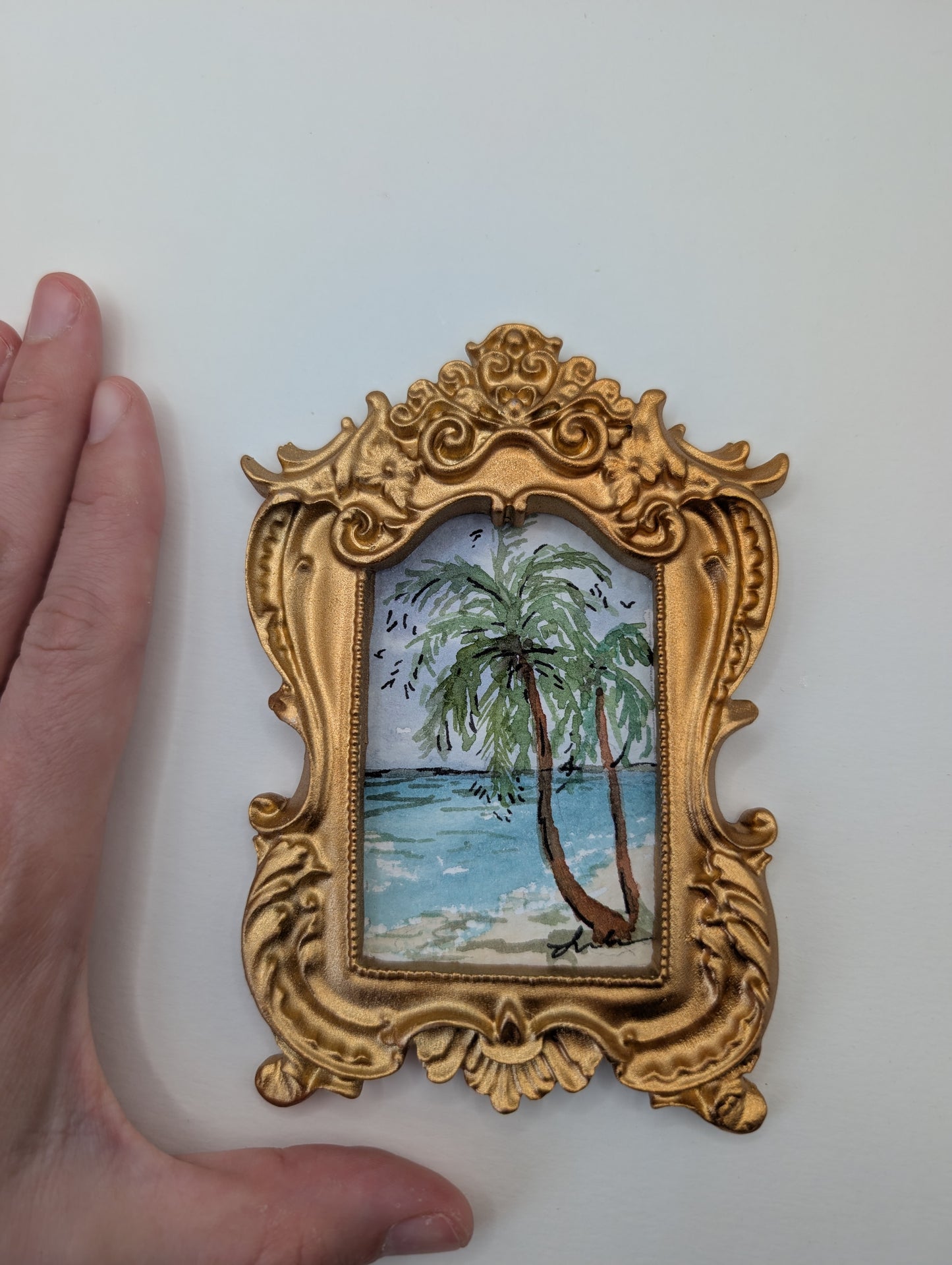 Mini Palm Tree Beach Painting - Original Watercolor Art by Lora Cavallin