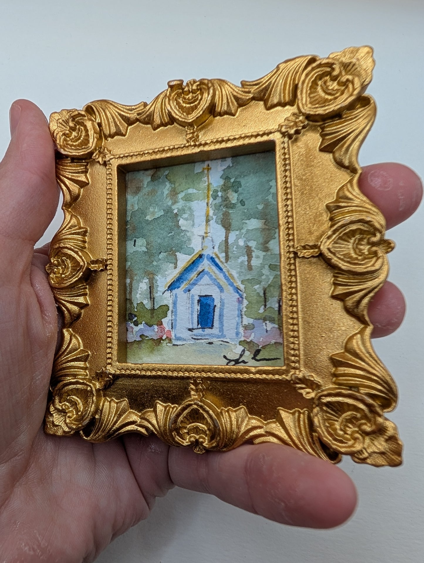 Mini Church Painting - Original Watercolor Art by Lora Cavallin